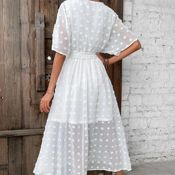 Boho Swiss Dot Wrap Detail Dolman Sleeve Belted Dress white - Picture 3 of 5